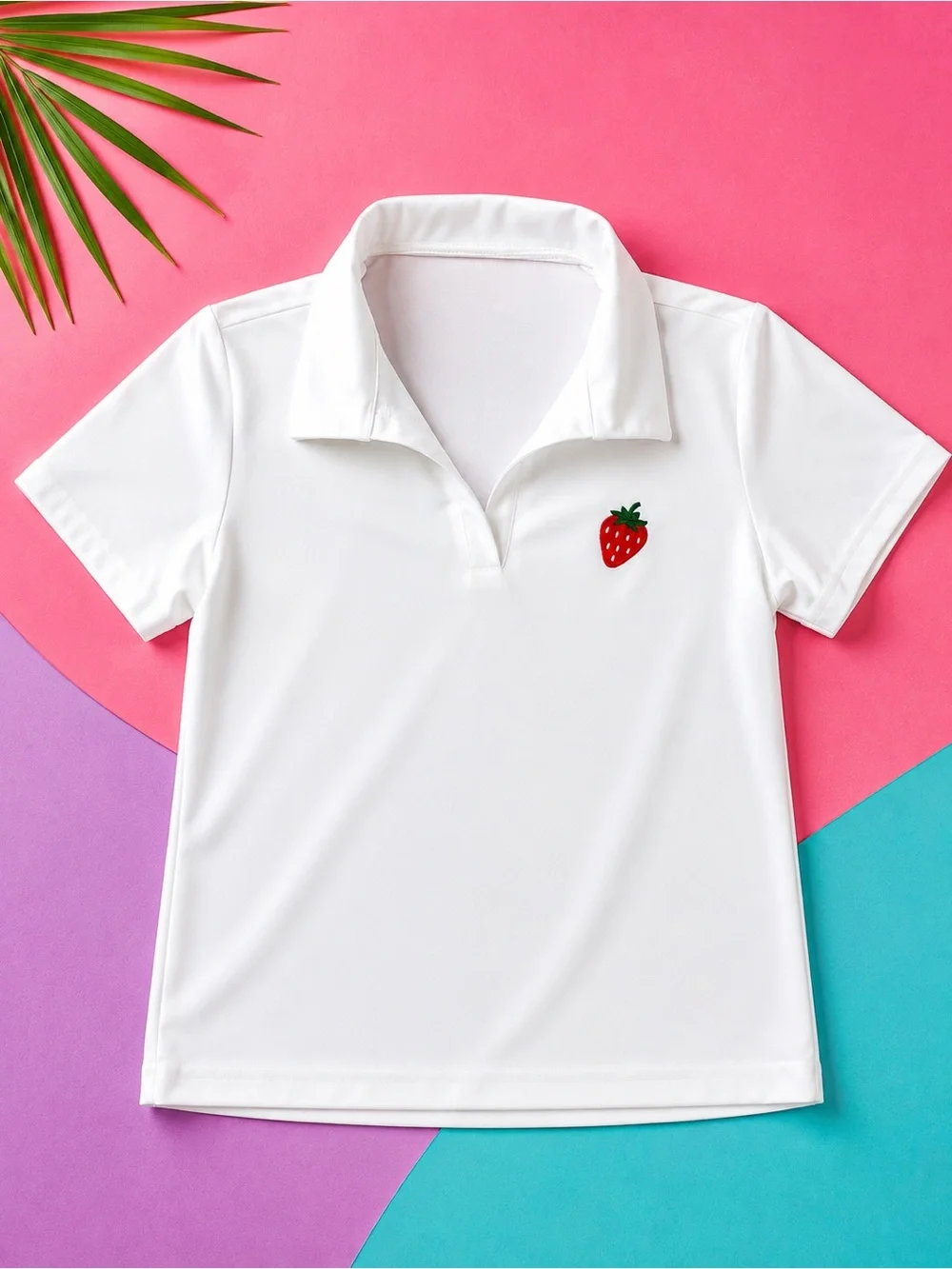 White Polo Top with Strawberry Patch
